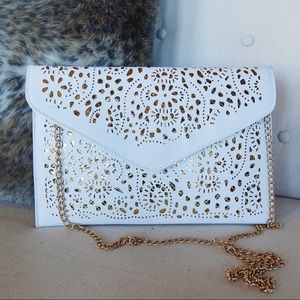 White&Gold Envelope Clutch with Gold Chain